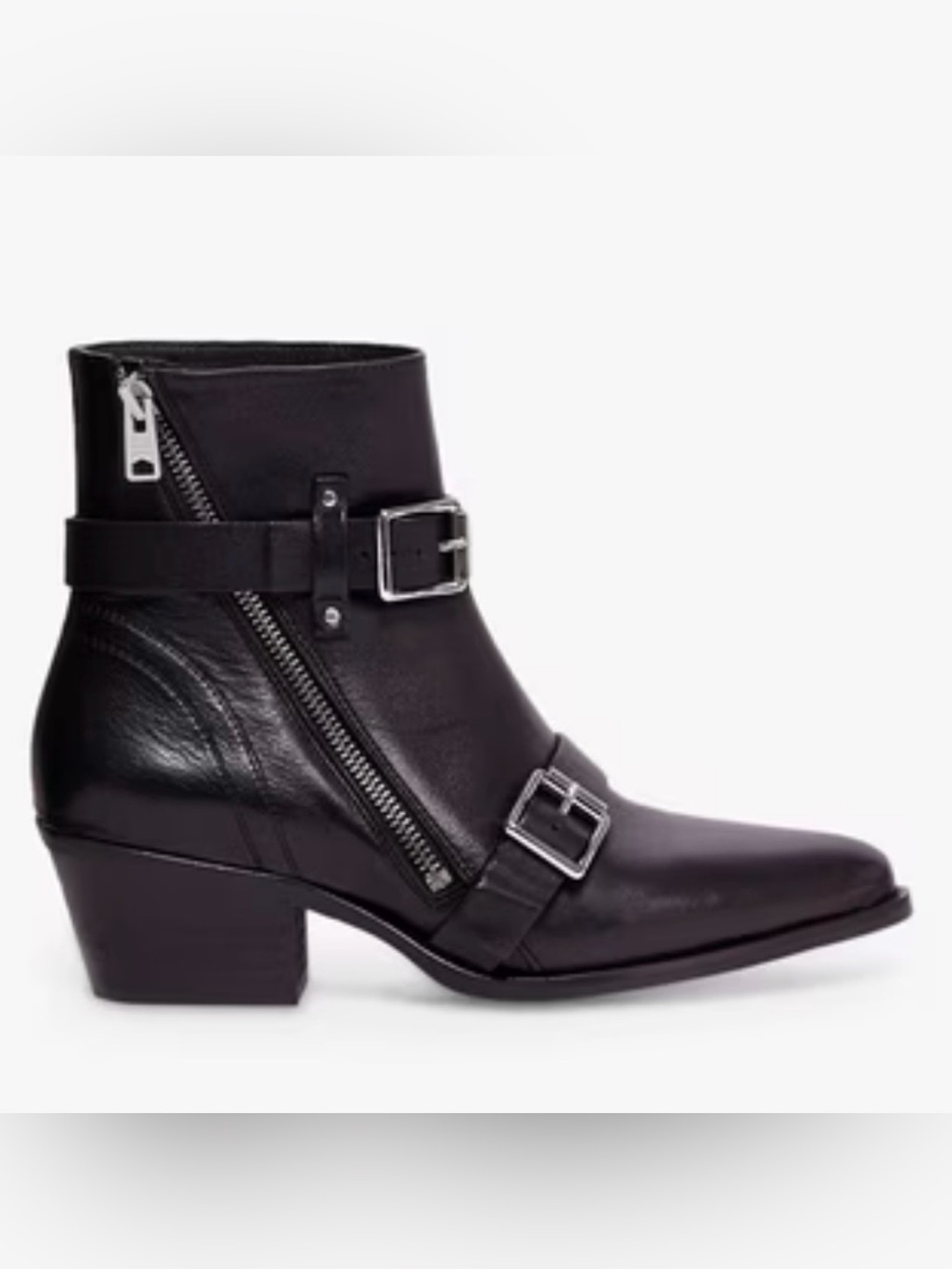 ALLSAINTS Lior Boots Black Leather Buckle Ankle Boots Leather Pointed Moto